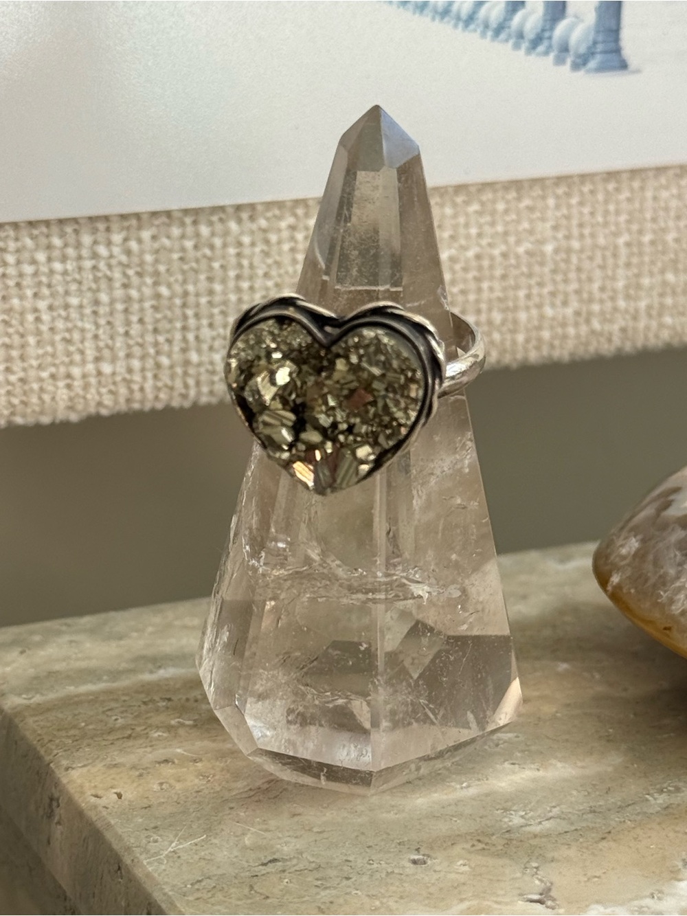 Pyrite heart silver ring size adjustable